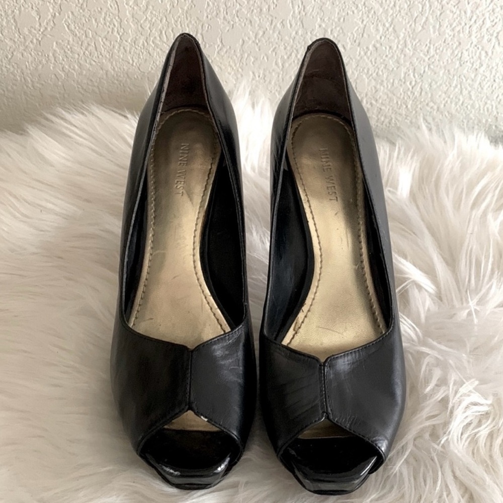 Black Leather Platform Peep Toe Nine West Heels-9 “Bonfire”